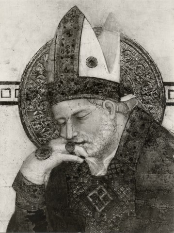 Anonimo — Martini Simone - sec. XIV - Sogno di sant'Ambrogio — particolare, volto di san Martino